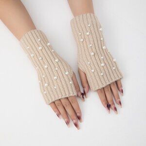 2/$30 Women's Beige Knitted Fingerless Gloves with Pearl Accents Winter Fall